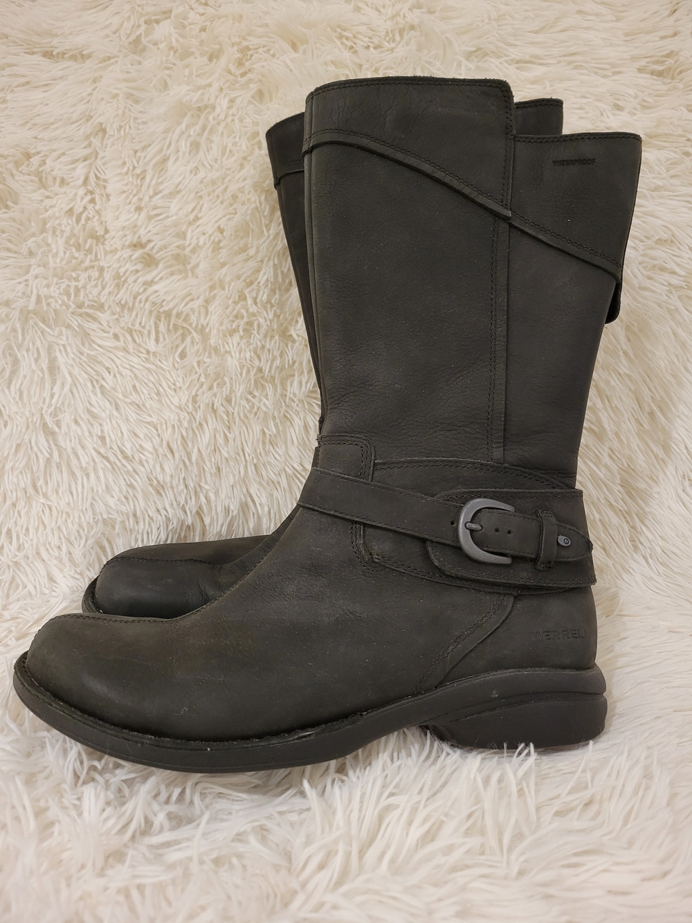 Merrell Black Leather Mid-Calf Moto Boots with Buckle Strap